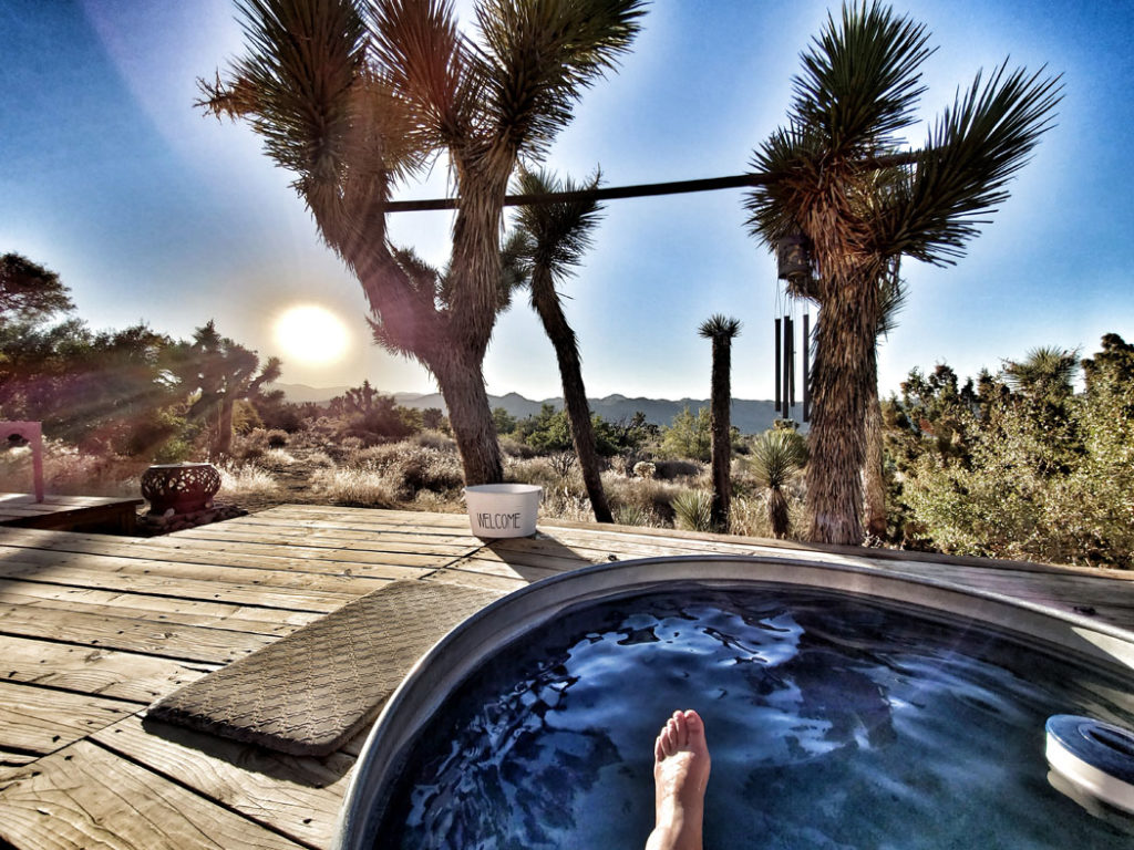 Hanging out in a hot tub at the deserted Joshua cabin of my dreams