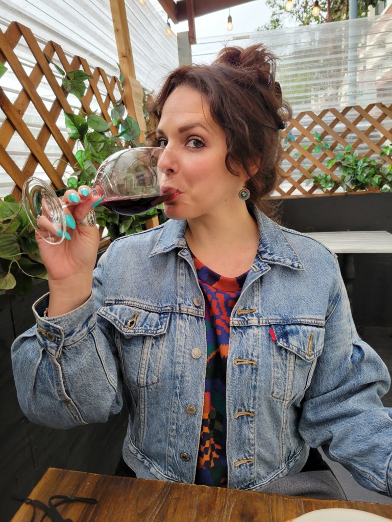 Linds enjoying a glass of vino in spring in San Francisco