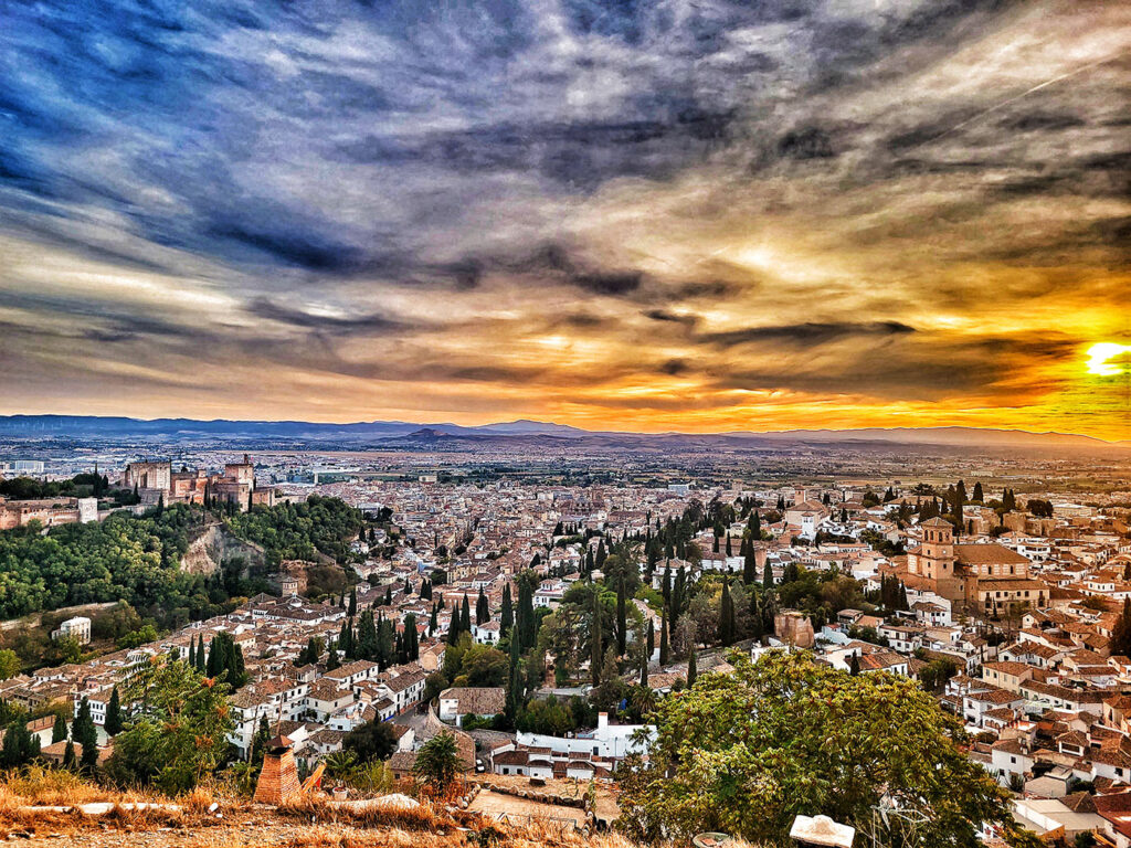 Sunset over Granada, aerial view of Spanish Living