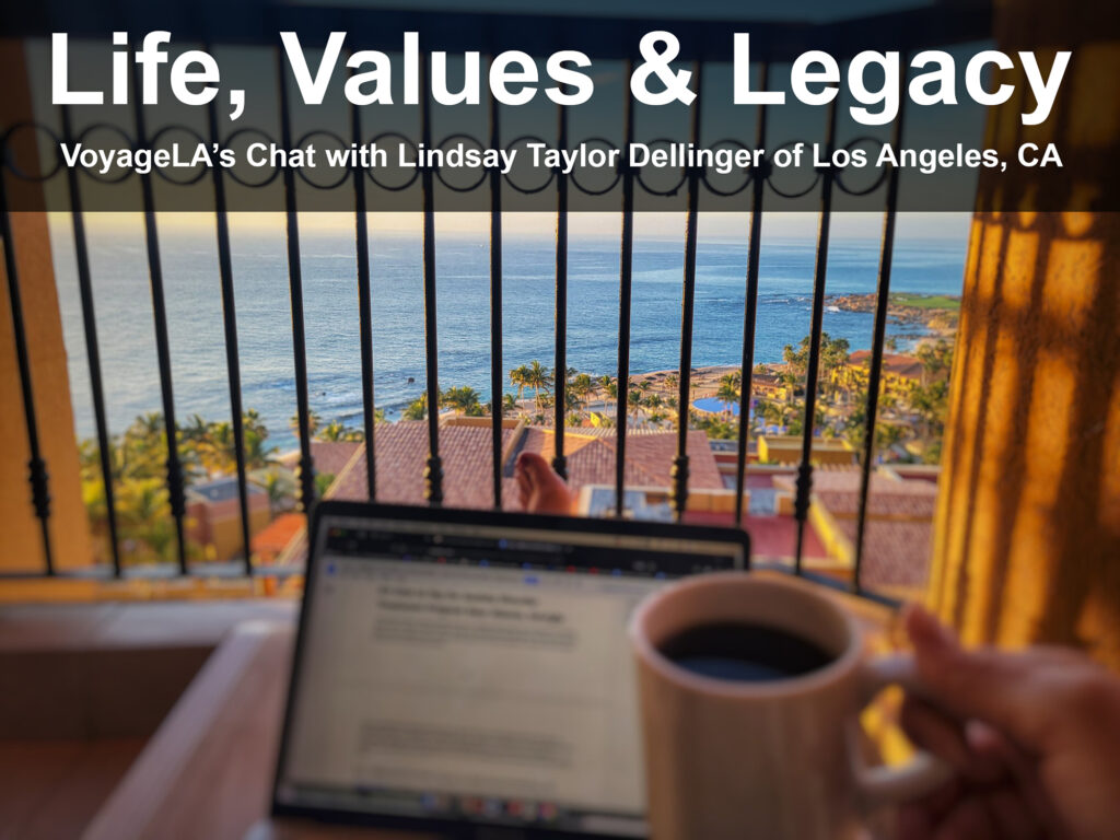 Linds with laptop in her lap and coffee in her hand with Baja Mexico in the background