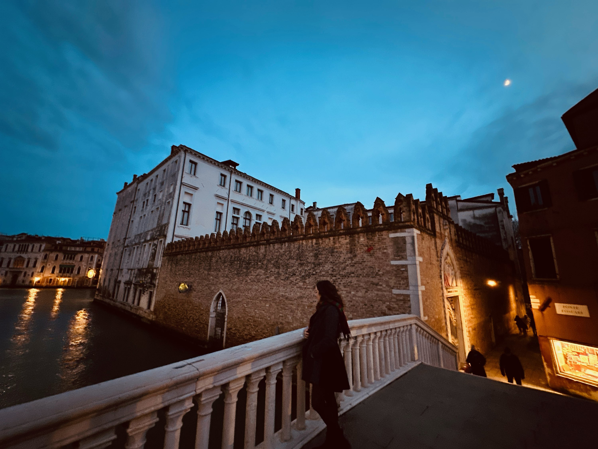 Linds in Venice standing on a bridge at night, admiring the scenery